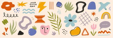 Soyut şekil vektör grafik seti. Soyut grafik tasarım çiçeği, yüz, modern poster için damlacık şekli, yaz yapıştırması element paketi. Boya dokusu modern arkaplanı karalıyor. Vektör illüstrasyonu