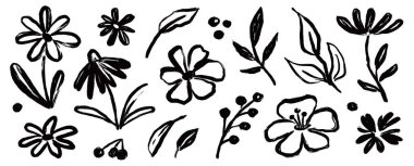 Çiçek fırçası el çizimi vektör seti. El çizimi karalama çiçeği, çiçek yaprağı elementleri fırça darbesi mürekkebi tarzında. Basit soyut botanik silueti, doğa için siyah boya sanatı seti. Vektör illüstrasyonu