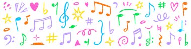 Müzik notası karalama vektörü seti. El çizimi tebeşirli pastel müzik notası, melodi sembolü şekli, çocuk çıkartması taslak tarzı. Şirin retro pastel kalem renkli ses dekorasyonu elementi. Vektör illüstrasyonu