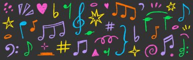 Müzik notası karalama vektörü seti. El çizimi tebeşirli pastel müzik notası, melodi sembolü şekli, çocuk çıkartması taslak tarzı. Şirin retro pastel kalem renkli ses dekorasyonu elementi. Vektör illüstrasyonu