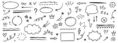 Çizgi fırçası kalp vektörü ayarlandı. El çizimi kalem darbesi yıldızı, çiçek, kalem oku konuşma balonu, şekil simgesini vurgula. Güzel çizim metni, ışıltı kontrolü altı çizili. Vektör illüstrasyonu