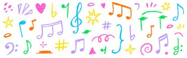 Müzik notası karalama vektörü seti. El çizimi tebeşirli pastel müzik notası, melodi sembolü şekli, çocuk çıkartması taslak tarzı. Şirin retro pastel kalem renkli ses dekorasyonu elementi. Vektör illüstrasyonu