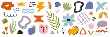 Soyut vektör grafik simgesi seti. Soyut grafik yaz modern sanat öğesi, çiçek karalaması, geometrik kolaj arka planı. Renkli pastel renkli karalama. Vektör illüstrasyonu