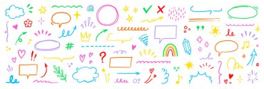 Sevimli satır ögesi simgesi seti. El çizimi kalp, yıldız, bulut fırçası rengarenk çizgi film stili. Çocuk tasarımı için komik bir karalama, ok, kalp, çiçek amblemi süslemesi. Vektör illüstrasyonu