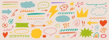 Fırça tebeşiri ayarlandı. El çizimi ok, konuşma balonu, renkli kalem çerçevesi, işaret ve çizgi roman çizimi. Çocuk yazı elementleri için karatahta fırça tebeşir dokusu vuruşu. Vektör illüstrasyonu