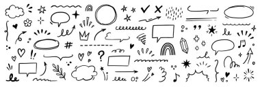 Çizgi fırçası kalp vektörü ayarlandı. El çizimi, karalama tarzı ok, bulut, kalem vurmalı yıldız. Güzel el yazısı taç, kalp, yıldız çizgisi fırça tasarımı. Vektör illüstrasyonu