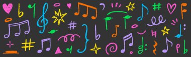 Müzik notası karalama vektörü seti. El çizimi tebeşirli pastel müzik notası, melodi sembolü şekli, çocuk çıkartması taslak tarzı. Şirin retro pastel kalem renkli ses dekorasyonu elementi. Vektör illüstrasyonu