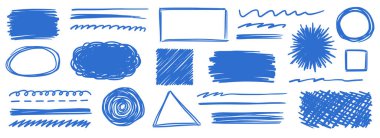 Kalem karalama vektör çerçevesi ayarlandı. El çizimi kalem dokusu, çizgi, çizgi, çerçeve ve altçizgi. Grunge çizim işareti bulut baloncuğu, geometrik şekil. Vektör illüstrasyonu