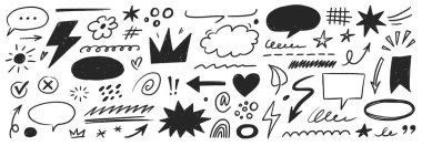 Kabarcık konuşma seti. El çizimi pastel boya balonu, tebeşir vurgusu, çizgi roman metni ve notlar için işaretleyici ok unsuru. Karalama taslak kalp, bulut çerçevesi. Vektör illüstrasyonu