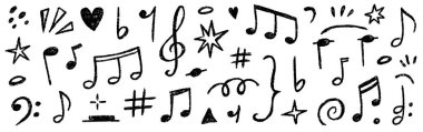 Müzik notası ikon vektör karalama seti. El çizimi müzik notası, ses sembolü, tebeşir boyası çizim stili melodi işareti. Retro pastel boya kalemi dokusu, oyuncu çıkartma unsurları arka plan. Vektör illüstrasyonu