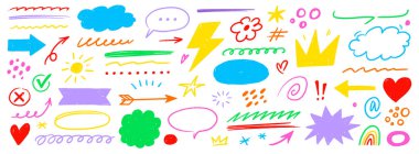 El çizimi tebeşir seti. Boya çizgisi oku, konuşma balonu, kalem vurgusu ve karikatür kalpli desenli fırça simgesi, el çizimi işaret unsuru. Kabartma çerçeve çizimi. Vektör illüstrasyonu