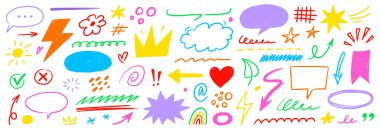 El çizimi tebeşir seti. Boya çizgisi oku, konuşma balonu, kalem vurgusu ve karikatür kalpli desenli fırça simgesi, el çizimi işaret unsuru. Kabartma çerçeve çizimi. Vektör illüstrasyonu