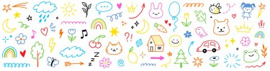 Çocuk şirin ikon seti. Renkli çizim şirin çiçek, kalp ve gökkuşağı elementleri. El çizimi çocuk pastel kalem bebek güneşi, ay ve hayvan ikonu. Okul dokusu olan çocuksu bir yaz tasarımı. Vektör illüstrasyonu