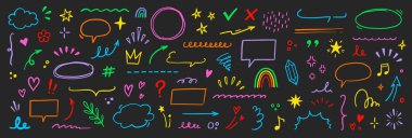 Sevimli satır ögesi simgesi seti. El çizimi kalp, yıldız, bulut fırçası rengarenk çizgi film stili. Çocuk tasarımı için komik bir karalama, ok, kalp, çiçek amblemi süslemesi. Vektör illüstrasyonu