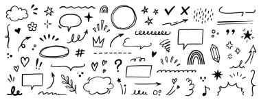 Çizgi fırçası kalp vektörü ayarlandı. El çizimi, karalama tarzı ok, bulut, kalem vurmalı yıldız. Güzel el yazısı taç, kalp, yıldız çizgisi fırça tasarımı. Vektör illüstrasyonu