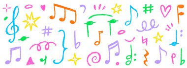 Müzik notası karalama vektörü seti. El çizimi tebeşirli pastel müzik notası, melodi sembolü şekli, çocuk çıkartması taslak tarzı. Şirin retro pastel kalem renkli ses dekorasyonu elementi. Vektör illüstrasyonu