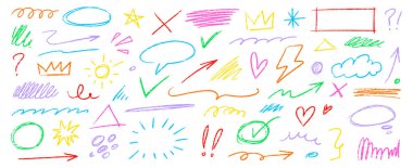 Kalem rengi boya kalemi çizgisi ayarlandı. El çizimi tebeşir darbesi rengarenk girdap, çiçek, bulut ve ok şeklinde boya kalemi pürüzlü deseni. Çocuklar arka planı boyar. Vektör illüstrasyonu