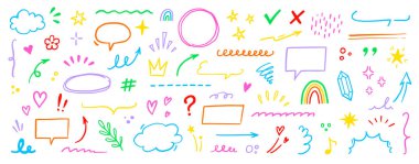 Sevimli satır ögesi simgesi seti. El çizimi kalp, yıldız, bulut fırçası rengarenk çizgi film stili. Çocuk tasarımı için komik bir karalama, ok, kalp, çiçek amblemi süslemesi. Vektör illüstrasyonu