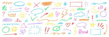 Kalem rengi boya kalemi çizgisi ayarlandı. El çizimi tebeşir darbesi rengarenk girdap, çiçek, bulut ve ok şeklinde boya kalemi pürüzlü deseni. Çocuklar arka planı boyar. Vektör illüstrasyonu