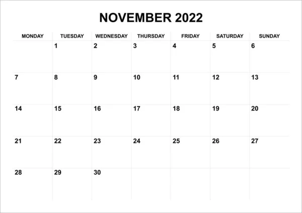 Calendário Novembro 2022 Começar Segunda Feira —  Vetores de Stock