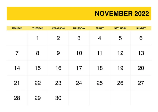 Listopad 2022 Kalendarz Kolorze Żółtym — Wektor stockowy