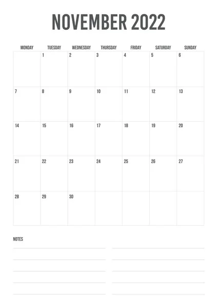 Календар Листопад 2022 Року Портрет Починається Понеділка — стоковий вектор
