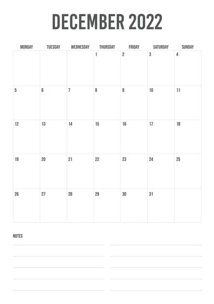 Portrait Calendar December 2022 Start Monday Stock Vector