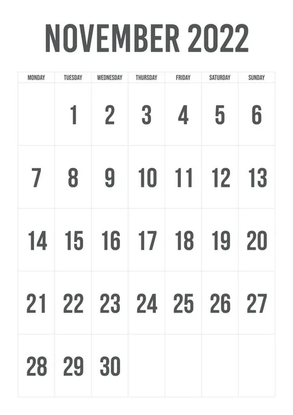 Листопад 2022 Календарний Дизайн Портрета Починається Понеділок — стоковий вектор