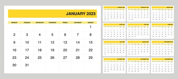 2023 Calendar Set Start Monday Vector Graphics