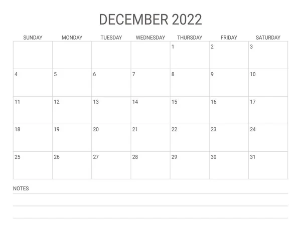 Diciembre 2022 Calendario Paisaje Simple — Vector de stock