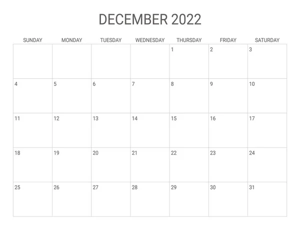 Calendário Dezembro 2022 Pronto Para Planejador Natal —  Vetores de Stock