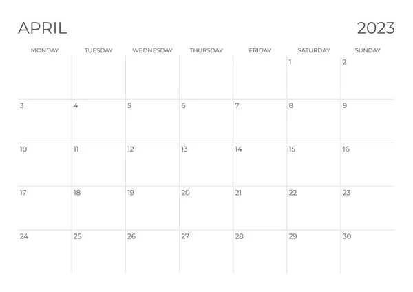 Календар Квітень 2023 Початок Понеділка — стоковий вектор