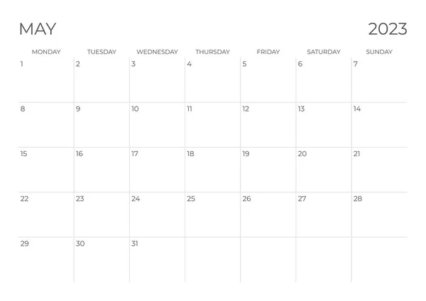 Май 2023 Календарный Старт Понедельника — стоковый вектор