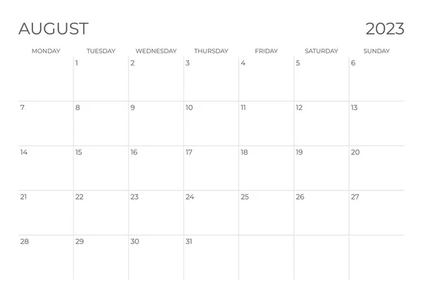 Календарь Август 2023 Начинается Понедельника — стоковый вектор