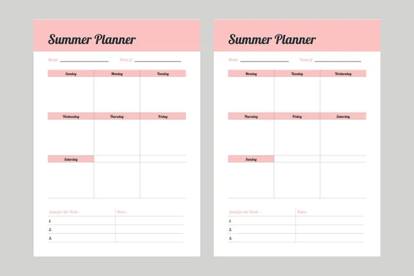 Summer Planner Start Sunday Start Monday — Stock Vector