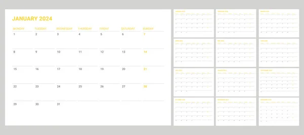 Календарь 2024 Год Начать Печатать Понедельника Желтого Цвета — стоковый вектор