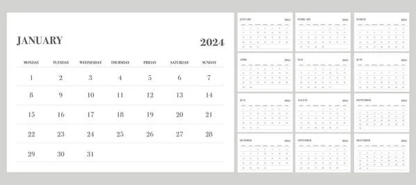 Kalender 2024 Mit Wochenstart Montag Minimalistisches Design — Stockvektor