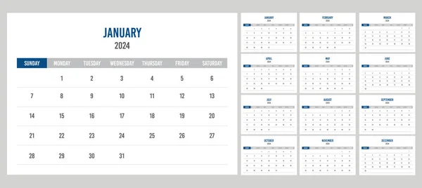 Сине Белый Календарь 2024 Года Начинается Воскресенье — стоковый вектор