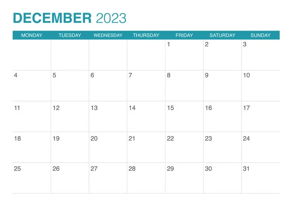 Kalendarz Grudzień 2023 Zaczyna Się Poniedziałek — Wektor stockowy