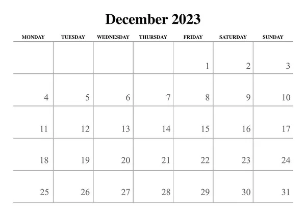 2023 Calendário Dezembro Início Simples Preto Branco Segunda Feira — Vetor de Stock