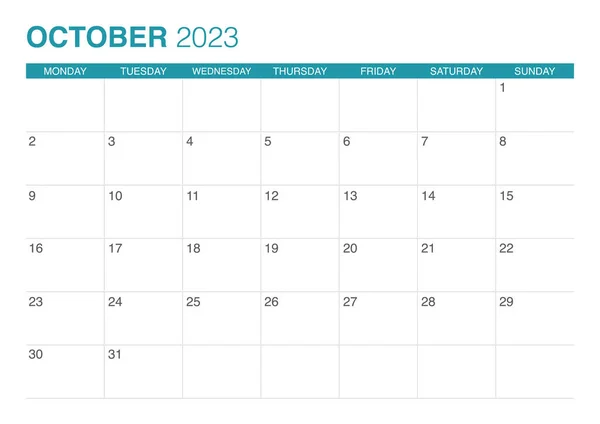 Outubro Calendário 2023 Começar Segunda Feira Ilustração De Stock