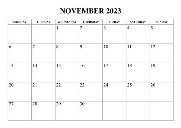 Calendário Novembro 2023 Começar Partir Segunda Feira Vetores De Stock Royalty-Free