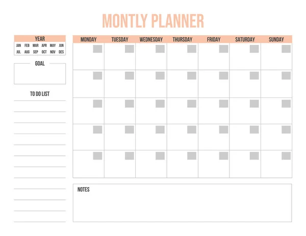 Miesięczny Planista Notatkami Zrobienia Listy — Wektor stockowy