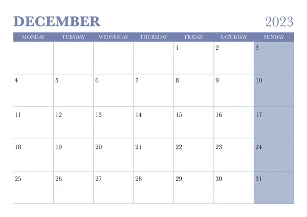 2023 12月 カレンダーは月曜日から始まり — ストックベクタ