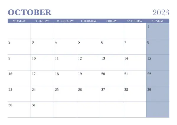 2023 10月のカレンダーは月曜日から始まります — ストックベクタ