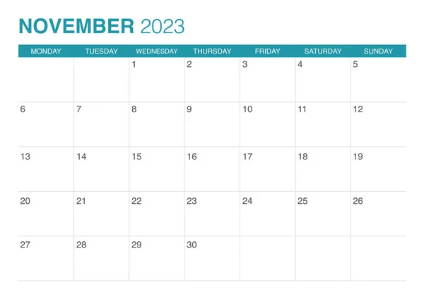 2023 November Calendar Start Monday Royalty Free Stock Vectors