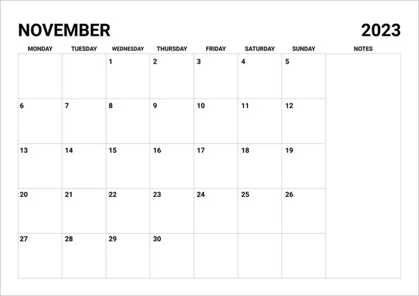 2023 Calendário Mensal Novembro Inclui Notas —  Vetores de Stock