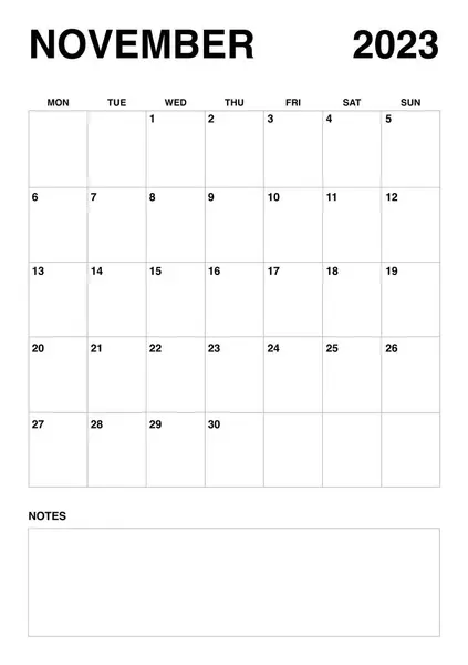 2023 カレンダー 11月のカレンダーは月曜日から始まります — ストックベクタ