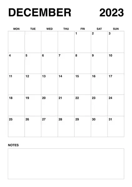 2023 Kalendarz Grudzień Kalendarz Zaczyna Się Poniedziałek — Wektor stockowy