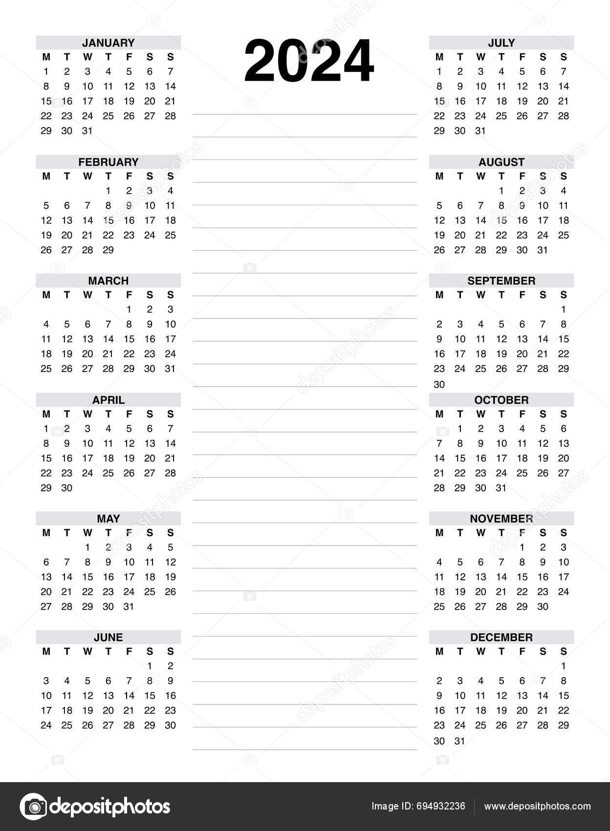 Calendar 2024 Include Notes Stock Vector by ©CBS_design 694932236